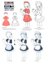 Rule 34 | 1girl, absurdres, apron, blush, child, collared dress, color guide, commentary, cropped legs, cup, dress, english commentary, english text, frilled apron, frilled dress, frills, full body, highres, holding, holding cup, how to, maid, maid apron, maid headdress, monochrome, multiple monochrome, multiple views, no shoes, opossumachine, original, pantyhose, parted bangs, short sleeves, short twintails, simple background, sketch, toes, twintails