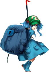 Rule 34 | &gt;:o, 1girl, :o, backpack, bag, blue dress, blue eyes, blue footwear, blue hair, boots, crowbar, dress, frown, full body, hair bobbles, hair ornament, harukawa moe, hat, holding, holding crowbar, kawashiro nitori, key, lock, official art, open mouth, rubber boots, touhou, transparent background, twintails, two side up, urban legend in limbo, v-shaped eyebrows