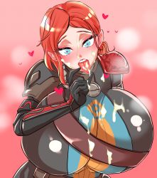 Rule 34 | 1girl, armor, belt, blue eyes, blush, breasts, breath, cum, cum in mouth, cum on clothes, cum on hand, cum on tongue, eye contact, facial, fellatio gesture, gauntlets, grim dawn, heart, heart-shaped pupils, highres, huge breasts, imminent fellatio, kodainosinpi, korinia, leaning forward, looking at another, looking at viewer, naughty face, open mouth, ponytail, red hair, shoulder pads, standing, steam, surprised, symbol-shaped pupils, tongue, tongue out