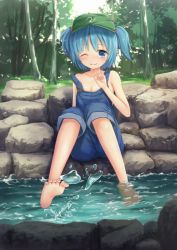 Rule 34 | 1girl, alternate costume, bare arms, bare shoulders, barefoot, blue eyes, blue hair, breasts, cleavage, collarbone, feet, forest, hair bobbles, hair ornament, hat, kawashiro nitori, looking at viewer, matching hair/eyes, naked overalls, nature, no shirt, one eye closed, oukatihiro, overalls, pants, river, rock, sitting, sitting on rock, small breasts, smile, soaking feet, soles, solo, splashing, strap slip, touhou, twintails, two side up, wink