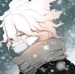 Rule 34 | 1boy, black jacket, commentary request, covered mouth, danganronpa (series), danganronpa 2: goodbye despair, danganronpa 3 (anime), from side, green eyes, grey scarf, hair between eyes, half-closed eyes, jacket, komaeda nagito, looking to the side, male focus, mask, messy hair, mouth mask, portrait, scarf, shell (shell518), short hair, snow, solo, white face mask, white hair