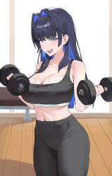 1girl absurdres alternate_costume bench black_hair black_pants black_sports_bra blue_eyes blue_hair blush breasts cleavage colored_inner_hair cowboy_shot dumbbell exercising fangs gym hair_intakes highres holding holding_dumbbell hololive hololive_english indoors large_breasts legs_together long_hair looking_at_viewer midriff multicolored_hair navel open_mouth ouro_kronii pants smile solo sports_bra standing sweat sweaty_clothes teeth tongue two-tone_hair upper_teeth_only very_long_hair virtual_youtuber wooden_floor yoga_pants yulmu98999