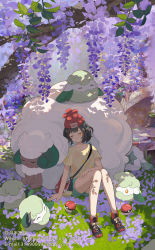 Rule 34 | 1girl, absurdres, bare legs, beanie, black hair, bracelet, closed eyes, closed mouth, collarbone, commentary request, cottonee, creatures (company), day, floral print, game freak, gen 5 pokemon, green shorts, hat, highres, jewelry, nintendo, outdoors, poke ball, poke ball (basic), pokemon, pokemon (creature), pokemon sm, red headwear, selene (pokemon), shirt, short hair, short shorts, short sleeves, shorts, sitting, sleeping, t-shirt, teatix, watermark, web address, whimsicott