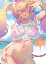 Rule 34 | 1girl, amo takumi, bikini, blonde hair, blue eyes, blurry, blurry background, blush, bombergirl, bracelet, breasts, chain, cloud, crop top, day, dog tags, eyepatch, eyewear on head, fuse, fuse tail, hair between eyes, highres, jewelry, large breasts, lit fuse, long hair, looking at viewer, multicolored hair, olive (bombergirl), outdoors, pink bikini, pink hair, pink nails, see-through, shirt, short sleeves, side-tie bikini bottom, sidelocks, sky, solo, sunglasses, sweat, swimsuit, tail, tongue, twintails, v, v over eye, white shirt