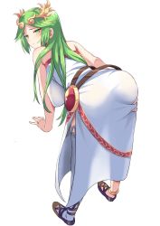 Rule 34 | 1girl, ancient greek clothes, ass, bare shoulders, bent over, blush, breasts, chiton, dress, female focus, from behind, green eyes, green hair, hair ornament, highres, kid icarus, kid icarus uprising, large breasts, leaning, leaning forward, long hair, looking at viewer, manno, manno (kanpi2100), matching hair/eyes, nintendo, palutena, see-through, shiny clothes, shiny skin, sideboob, solo, thighhighs, white background
