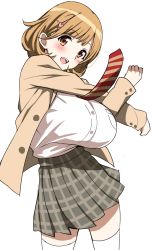 Rule 34 | 10s, 1girl, blazer, blush, breasts, brown eyes, brown hair, hair ornament, hairclip, highres, huge breasts, jacket, looking at viewer, narusawa ryouka, occultic;nine, sankuro (agoitei), school uniform, shirt tucked in, short hair, simple background, sketch, skirt, smile, solo, thighhighs, white background, white thighhighs, zettai ryouiki