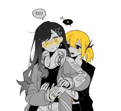 Rule 34 | 2girls, :d, ?, azusawa kohane, black eyes, black jacket, blonde hair, commentary request, crop top, flustered, greyscale, hair ornament, hairclip, headphones, headphones around neck, heart, highres, hug, hug from behind, jacket, korean commentary, long hair, long sleeves, monochrome, multiple girls, nail polish, open mouth, project sekai, shiraishi an, short twintails, sidelocks, simple background, smile, speech bubble, spoken heart, spoken question mark, star (symbol), star hair ornament, traffic jam (vocaloid), twintails, vocaloid, white background, wo habum, yellow blush, yellow eyes, yellow nails, yellow pupils