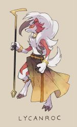 Rule 34 | bracelet, character name, claws, closed mouth, commentary request, creatures (company), full body, game freak, gen 7 pokemon, glint, glowing, glowing eyes, highres, holding, holding staff, jewelry, lycanroc, lycanroc (midnight), nigiri (ngr24), nintendo, orange eyes, pokemon, pokemon (creature), staff, standing, white fur