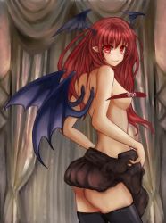 Rule 34 | 1girl, bat wings, black thighhighs, blush, breasts, censored, clothes lift, commentary request, curtains, head wings, koakuma, long hair, looking at viewer, looking to the side, pointy ears, red eyes, red hair, skirt, skirt lift, slrokuma, smile, solo, thighhighs, topless, touhou, translation request, wings, zettai ryouiki