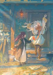 Rule 34 | 2girls, absurdres, arms up, bag, black jacket, blunt bangs, bread, brown footwear, capelet, closed eyes, door, dress, fern (sousou no frieren), food, frieren, hair between eyes, highres, holding, holding bag, house, jacket, long hair, looking at another, multiple girls, neg (101neg), open mouth, outdoors, pointy ears, purple hair, red scarf, scarf, scenery, shadow, short eyebrows, sousou no frieren, stairs, standing, sunlight, teeth, thick eyebrows, upper teeth only, wall, white capelet, white dress, white hair, yawning