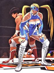 Rule 34 | 1990s (style), 2girls, ass-to-ass, back-to-back, bare shoulders, black hair, blonde hair, blue eyes, boots, breasts, cleavage, cleavage cutout, clothing cutout, cross-laced footwear, detached sleeves, hands on own knees, ikeno daigo, knee pads, lace-up boots, large breasts, leotard, long hair, mask, multiple girls, nose, official art, rainbow mika, retro artstyle, short hair, shoulder cutout, street fighter, street fighter zero (series), twintails, wrestling mask, wrestling outfit, wrestling ring, yamato nadeshiko (street fighter)