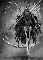 Rule 34 | animal, bug, butterfly, death (entity), greyscale, grim reaper, halo, highres, holding, holding scythe, holding weapon, horns, ika ruga, bug, monochrome, monster, original, scythe, skeleton, skull, torn, torn clothes, walking, weapon, wood