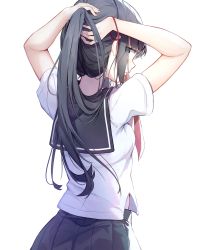 Rule 34 | 1girl, arms up, black hair, blue eyes, blue sailor collar, blue skirt, blush, commentary request, hands in hair, highres, korean commentary, long hair, looking at viewer, looking back, neckerchief, original, parted lips, pleated skirt, ponytail, red neckerchief, sailor collar, school uniform, seero, serafuku, shirt, short sleeves, simple background, skirt, solo, standing, tying hair, uniform, white background, white shirt