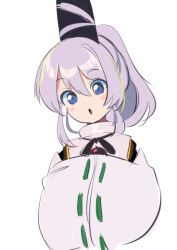 Rule 34 | 1girl, black headwear, blue eyes, commentary request, grey hair, hair between eyes, hands in opposite sleeves, harakune (mugennero), japanese clothes, kariginu, long sleeves, looking at viewer, mononobe no futo, open mouth, ponytail, ribbon-trimmed sleeves, ribbon trim, short hair, sidelocks, simple background, solo, touhou, upper body, white background
