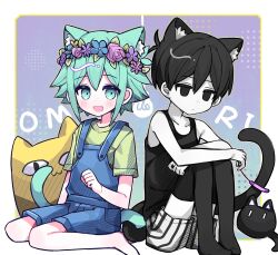 Rule 34 | 2boys, animal ears, barefoot, basil (headspace) (omori), basil (omori), big yellow cat (omori), black eyes, black hair, black thighhighs, blue overalls, blush, cat, cat boy, cat ears, cat tail, cat teaser, closed mouth, collarbone, colored skin, copyright name, expressionless, extra ears, flower, green eyes, green hair, head wreath, highres, looking at viewer, looking away, mewo, multiple boys, omori, omori (omori), open mouth, overall shorts, overalls, shio 0585, shirt, short hair, short sleeves, sitting, smile, tail, tank top, thighhighs, wariza, white skin, yellow shirt
