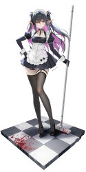 Rule 34 | 1girl, blood, blood splatter, choker, elbow gloves, gloves, highres, holding, holding mop, long hair, long legs, maid, maid headdress, mop, original, pointy ears, siino, simple background, solo, thighhighs, wrist cuffs