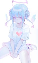 Rule 34 | 1girl, aqua hair, bad id, bad twitter id, closed mouth, double bun, earrings, gradient hair, hair bun, halo, harutask, heart, highres, jewelry, looking at viewer, medium hair, melting halo, multicolored hair, original, oversized clothes, oversized shirt, purple eyes, purple hair, shirt, shoes, short sleeves, sidelocks, simple background, sitting, sneakers, solo, t-shirt, twintails, white shirt, wings