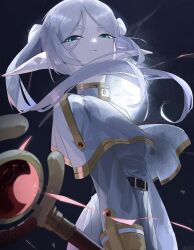 Rule 34 | 1girl, absurdres, belt, black belt, breasts, capelet, closed mouth, commentary, commentary request, cowboy shot, dress, elf, frieren, full moon, green eyes, highres, holding, holding staff, long hair, long sleeves, looking at viewer, looking down, mage staff, magic, moon, night, night sky, parted bangs, pointy ears, sky, small breasts, solo, sousou no frieren, staff, toru, twintails, white capelet, white hair