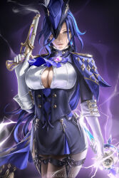 Rule 34 | 1girl, absurdres, antique firearm, artist name, ascot, black corset, black pantyhose, black skirt, blue ascot, blue cape, blue hair, blue hat, breasts, cape, cleavage, clorinde (genshin impact), corset, dark blue hair, drop earrings, earrings, elbow gloves, electricity, epaulettes, firearm, fold-over gloves, framed breasts, genshin impact, gloves, gun, hat, hat feather, high-waist skirt, highres, holding, holding gun, holding sword, holding weapon, jewelry, large breasts, lips, long hair, looking to the side, low ponytail, pantyhose, partially unbuttoned, pencil skirt, purple eyes, shirt, skirt, solo, sword, taut clothes, taut shirt, thigh strap, tricorne, very long hair, vision (genshin impact), weapon, white gloves, white shirt, wtparadise