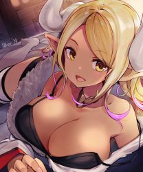 Rule 34 | 1girl, bare shoulders, blonde hair, breasts, cleavage, collarbone, dark-skinned female, dark skin, draph, fang, fur trim, granblue fantasy, highres, horns, jewelry, kumbhira (granblue fantasy), large breasts, long hair, long sleeves, looking at viewer, neck ring, nino (shira), off shoulder, open mouth, pointy ears, smile, solo, swept bangs, thighhighs, thighs, white thighhighs, wide sleeves, yellow eyes