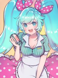 Rule 34 | 1girl, blue eyes, blue hair, blue shirt, borrowed design, can, cillia, cola, drink can, hatsune miku, highres, making-of available, polka dot, shirt, simple background, solo, twintails, vocaloid