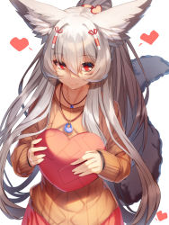 Rule 34 | 1girl, animal ears, brown sweater, closed mouth, collarbone, commentary request, fox ears, fox girl, fox tail, grey hair, hair between eyes, hair intakes, heart, highres, holding, jewelry, long hair, long sleeves, looking at viewer, necklace, original, pleated skirt, ponytail, red eyes, red skirt, simple background, skirt, sleeves past wrists, smile, solo, sweater, tail, tail raised, very long hair, white background, yuuji (yukimimi)