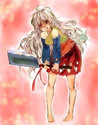 Rule 34 | 1girl, barefoot, blue sleeves, closed mouth, detached sleeves, dress, full body, holding, holding weapon, konabetate, long hair, multicolored clothes, multicolored dress, nata (tool), orange dress, red dress, red eyes, sakata nemuno, shaded face, single-shoulder dress, solo, touhou, weapon, white hair, yellow dress