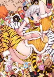 Rule 34 | 10s, 1girl, 2010, absurdres, animal ears, animal print, ass, blue eyes, blush, breasts, candy, checkerboard cookie, chocolate, chocolate bar, collar, cookie, doughnut, food, garter straps, gloves, highres, jar, jelly bean, kei jiei, large breasts, legs, lollipop, lying, new year, on side, open mouth, original, pocky, solo, swirl lollipop, tail, thighhighs, tiger print, trick or treat, underboob, white hair