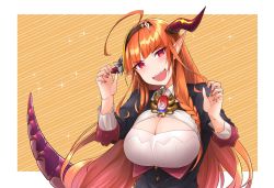 Rule 34 | 1girl, ahoge, aonouta, blunt bangs, bow, breasts, claw pose, cleavage, cleavage cutout, clothing cutout, diagonal-striped bow, dragon girl, dragon tail, headband, highres, hololive, horns, kiryu coco, kiryu coco (1st costume), large breasts, long hair, nail polish, open mouth, orange background, orange hair, pointy ears, purple nails, simple background, solo, sparkle background, tail, teeth, tenbin gashira, upper teeth only, virtual youtuber