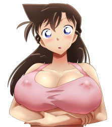 Rule 34 | 1girl, blue eyes, breasts, brown hair, cleavage, covered erect nipples, female focus, large breasts, meitantei conan, mouri ran, poron (pixiv id 17549041), solo, upper body