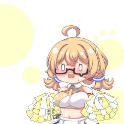 Rule 34 | 0 0, 1girl, :d, ahoge, bare shoulders, black-framed eyewear, blonde hair, blue archive, blush, blush stickers, braid, breasts, cosplay, glasses, hair between eyes, hand cursor, holding, kotori (blue archive), kotori (cheer squad) (blue archive), kurukurumagical, large breasts, long hair, low twintails, millennium cheerleader outfit (blue archive), motion lines, navel, nervous smile, nose blush, open mouth, pleated skirt, poking belly, pom pom (cheerleading), semi-rimless eyewear, skirt, smile, solo, sweat, translation request, twintails, under-rim eyewear, white skirt
