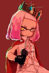 Rule 34 | 1girl, arm at side, bare arms, cape, closed mouth, crown, darandy, explosion, fingerless gloves, gloves, hand up, high collar, highres, holding, holding microphone, inkling, jacket, jewelry, looking at viewer, medium hair, microphone, mole, mole under mouth, nintendo, pearl (splatoon), pink hair, sleeveless, sleeveless jacket, solo, sparkle, splatoon (series), splatoon 2, tentacle hair, upper body, yellow eyes, zipper, zipper pull tab