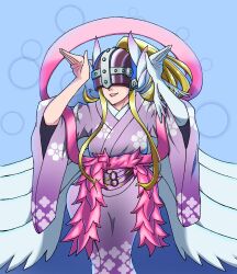 Rule 34 | 1girl, angel, angel girl, angewomon, belt, digimon, digimon (creature), female focus, grin, highres, japanese clothes, kimono, lipstick, long hair, makeup, mask, smile, solo, wings