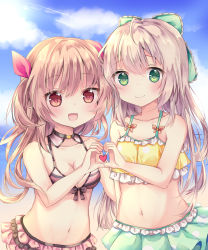 Rule 34 | 2girls, :d, ahoge, bad id, bad pixiv id, bare arms, bare shoulders, beach, bikini, bikini skirt, black neckwear, blue sky, bow, breasts, brown eyes, brown hair, choker, cleavage, closed mouth, cloud, cloudy sky, collarbone, commentary request, day, detached collar, frilled bikini, frills, green bikini, green bow, green eyes, hair between eyes, hair bow, hair ribbon, halterneck, heart, heart hands, heart hands duo, highres, long hair, looking at viewer, medium breasts, multicolored bikini, multicolored clothes, multiple girls, navel, ocean, open mouth, original, outdoors, pink ribbon, polka dot, polka dot bikini, ribbon, sky, small breasts, smile, striped bikini, striped bikini top, striped clothes, sunlight, swimsuit, tsuruse, two side up, very long hair, yellow bikini
