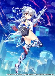 Rule 34 | 1girl, breasts, city, elbow gloves, gloves, gun, hair between eyes, headgear, holding, holding gun, holding weapon, holographic interface, long hair, looking at viewer, profile, red eyes, silver hair, small breasts, solo, thighhighs, watermark, weapon, yaki mayu, z/x