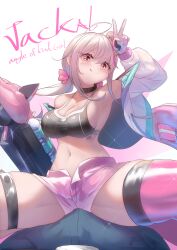 Rule 34 | 1boy, 1girl, :q, arm up, armpits, bare shoulders, bikini, bikini top only, black bikini, black choker, breasts, bulge, choker, cleavage, closed mouth, erection, erection under clothes, girl on top, gloves, goddess of victory: nikke, highres, jackal (nikke), jacket, large breasts, long hair, long sleeves, looking at viewer, midriff, navel, ntk nartaku, off shoulder, open clothes, open fly, open jacket, pink shorts, pink thighhighs, ponytail, red eyes, revision, short shorts, shorts, smile, solo focus, spread legs, stomach, swimsuit, thighhighs, thighs, tongue, tongue out, v, white gloves, white hair, white jacket