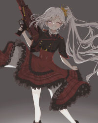 Rule 34 | absurdres, black footwear, black jacket, blue archive, buttons, cropped jacket, frilled skirt, frills, grey hair, grin, gun, h&amp;k mg5, hair ornament, hair scrunchie, high-waist skirt, highres, holding, holding gun, holding weapon, jacket, long hair, machine gun, mutsuki (blue archive), neck ribbon, no halo, one eye closed, plaid, plaid skirt, pointy ears, purple eyes, red ribbon, ribbon, scrunchie, short sleeves, side ponytail, skirt, smile, swept bangs, teapotato3, weapon, wide sleeves