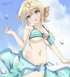 Rule 34 | 1girl, bikini, blonde hair, blue sky, braid, braided bangs, braided bun, breasts, cleavage, cloud, commentary request, gakky, green bikini, hair bun, kantai collection, long hair, looking at viewer, medium breasts, official alternate costume, one-hour drawing challenge, perth (kancolle), sarong, sky, solo, striped bikini, striped clothes, swimsuit