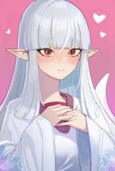 Rule 34 | 1girl, blunt bangs, blush, breasts, closed mouth, commission, heart, highres, lamia, light smile, long hair, looking at viewer, monster girl, monster girl encyclopedia, pink background, pointy ears, psidubs, red eyes, shirohebi (monster girl encyclopedia), sidelocks, simple background, small breasts, solo, upper body, white hair, wide sleeves