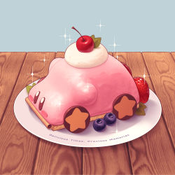 Rule 34 | 5health, absurdres, blueberry, car mouth, cherry, cream, food, food focus, fruit, grey background, highres, kirby, kirby (series), kirby and the forgotten land, kirby cafe, mint, nintendo, no humans, plate, simple background, sparkle, star (symbol), strawberry, table, wood, wooden table