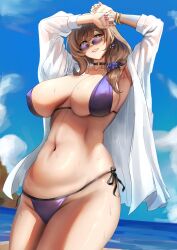 absurdres armpits arms_up blue_sky breasts brown_hair choker cloud earrings fingernails flower genshin_impact green_eyes hair_flower hair_ornament hans-kun highres jewelry large_breasts lipstick lisa_(genshin_impact) makeup medium_hair sky smile sunglasses swimsuit thighs