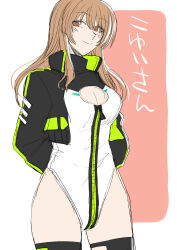 Rule 34 | 1girl, absurdres, alice gear aegis, arm behind back, black jacket, black thighhighs, breasts, brown eyes, brown hair, character name, circle cutout, cleavage cutout, clothing cutout, commentary request, companion/af, covered collarbone, front zipper, full-length zipper, heattech leotard, highleg, highleg leotard, highres, jacket, leotard, long hair, medium breasts, oozeki koyui, race queen, solo, thighhighs, turtleneck, two-tone leotard, waishou (fusuma), white leotard, zipper, zipper leotard, zipper pull tab