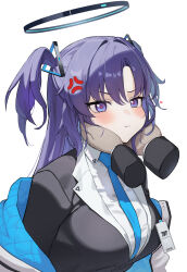 Rule 34 | 1girl, absurdres, anger vein, black jacket, blue archive, blue necktie, blush, breasts, closed mouth, disembodied limb, halo, hands on another&#039;s cheeks, hands on another&#039;s face, heart, highres, ildy, jacket, large breasts, long hair, necktie, purple eyes, purple hair, shirt, simple background, solo focus, two side up, upper body, white background, white shirt, yuuka (blue archive)