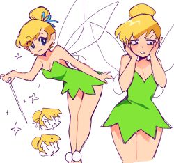 Rule 34 | 1girl, bare shoulders, blonde hair, blue eyes, blush, breasts, butterfly wings, ciosuii, closed mouth, dress, fairy, fairy wings, full body, green dress, hair bun, hair ribbon, highres, insect wings, peter pan (disney), pointy ears, ribbon, short hair, single hair bun, smile, solo, swept bangs, tinker bell (disney), wand, wings