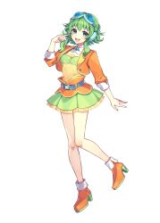 1girl arm_up bare_legs belt blue-tinted_eyewear boots brooch frilled_skirt frills full_body goggles goggles_on_head green_eyes green_hair green_skirt green_tube_top gumi gumi_(sv) hand_in_own_hair hand_up headphones high_heels highres jacket jewelry layered_skirt looking_at_viewer medium_hair nou_(nounknown) official_art open_clothes open_jacket open_mouth orange_boots orange_jacket orange_skirt pleated_skirt second-party_source shirt sidelocks skirt smile solo strapless synthesizer_v teeth tinted_eyewear transparent_background tube_top upper_teeth_only variant_set vocaloid yellow_shirt