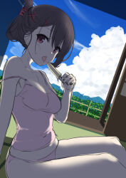 Rule 34 | 1girl, architecture, aria (koiiroharemoyou), arm support, black hair, blue sky, blush, breasts, cleavage, cloud, collarbone, covered navel, day, dutch angle, east asian architecture, eyelashes, eyes visible through hair, food, hair between eyes, hair ornament, hairclip, hand up, holding, holding food, hot, looking at viewer, medium breasts, off shoulder, original, panties, pink panties, pink shirt, popsicle, red eyes, shirt, short ponytail, sitting, sketch, sky, sleeveless, sleeveless shirt, solo, summer, sweat, tatami, tongue, tongue out, underwear, underwear only, x hair ornament
