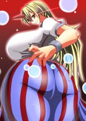 Rule 34 | 1girl, ass, blonde hair, blush, bracelet, breasts, curvy, female focus, gomesu, gradient background, hip focus, horns, hoshiguma yuugi, huge ass, huge breasts, jewelry, long hair, plump, red eyes, single horn, solo, striped, thick thighs, thighs, touhou