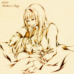 Rule 34 | 2girls, bed, breasts, closed eyes, female focus, hime cut, long hair, monochrome, mother&#039;s day, mother and daughter, multiple girls, parted lips, pillow, puffy short sleeves, puffy sleeves, rouge (artist), sakutarou (umineko), short hair, short sleeves, sleeping, smile, stuffed animal, stuffed toy, umineko no naku koro ni, ushiromiya maria, ushiromiya rosa