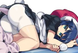 Rule 34 | 1girl, all fours, arm rest, arm support, ass, bare arms, bare legs, bike shorts, blue eyes, blue hair, breasts, covered mouth, crop top, cropped shirt, doremy sweet, hat, impossible clothes, impossible shorts, large breasts, looking at viewer, miniskirt, nightcap, pink footwear, pom pom (clothes), sakaki (utigi), shirt, short sleeves, shorts, shorts under skirt, skirt, solo, tail, tapir tail, touhou, white shorts
