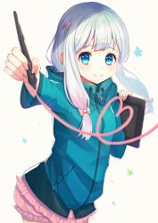 Rule 34 | 1girl, blue eyes, blue sweater, cowboy shot, eromanga sensei, frilled shorts, frills, holding, holding pen, izumi sagiri, long hair, looking at viewer, omelet tomato, outstretched arm, pink shorts, short shorts, shorts, silver hair, simple background, smile, solo, standing, sweater, white background